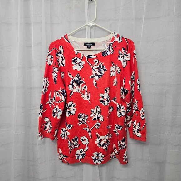 Lands' End Red Blue Tropical Floral Sweater Beach Cotton Summer M - Picture 7 of 11